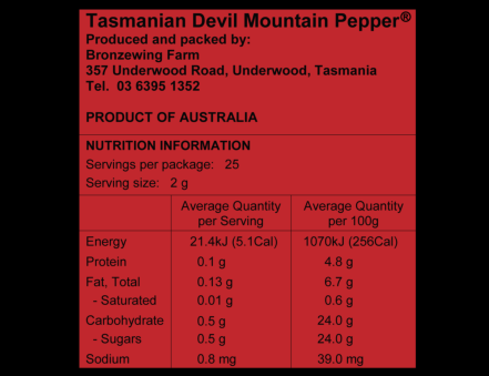 Nutrition panel Devil Mountain Pepper